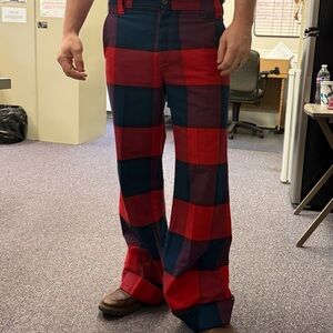 Vintage 70’s FARAH Red Navy Large Checkered Plaid Wide Leg Flare Cuffed Trousers